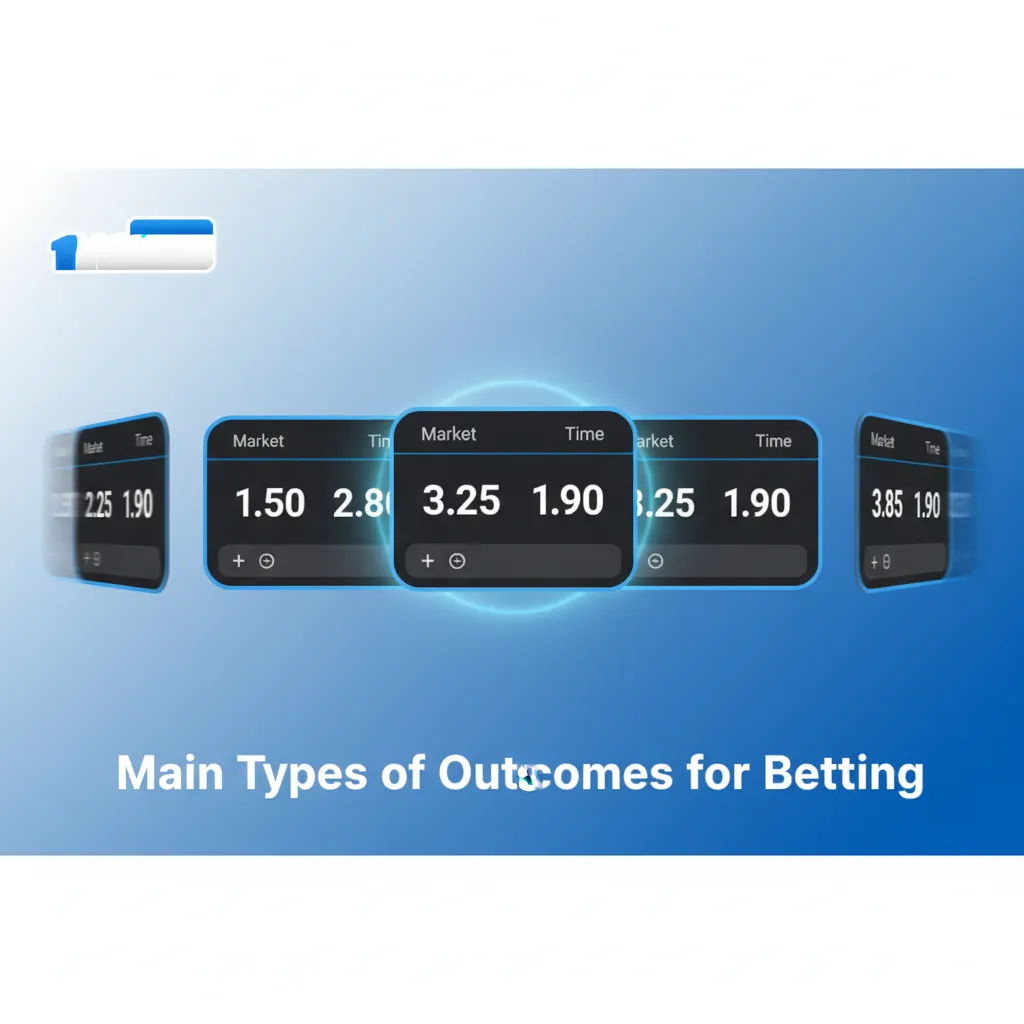 Infographic showing main bet outcome types: 1X2, two-way, over/under, handicap, both teams score, player/team props