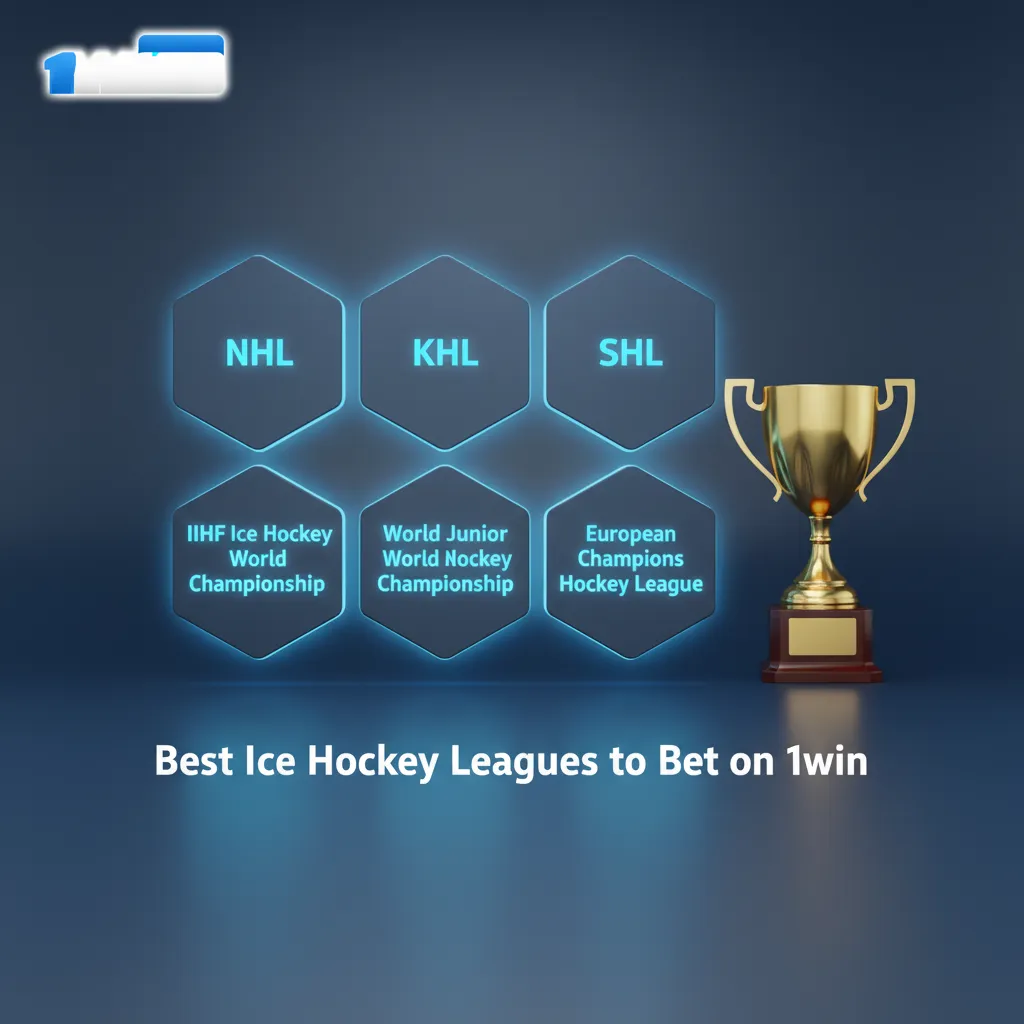 Image listing top hockey leagues for betting on 1win: NHL, KHL, SHL, Liiga, CHL, IIHF, AHL; tips on form, travel, markets.