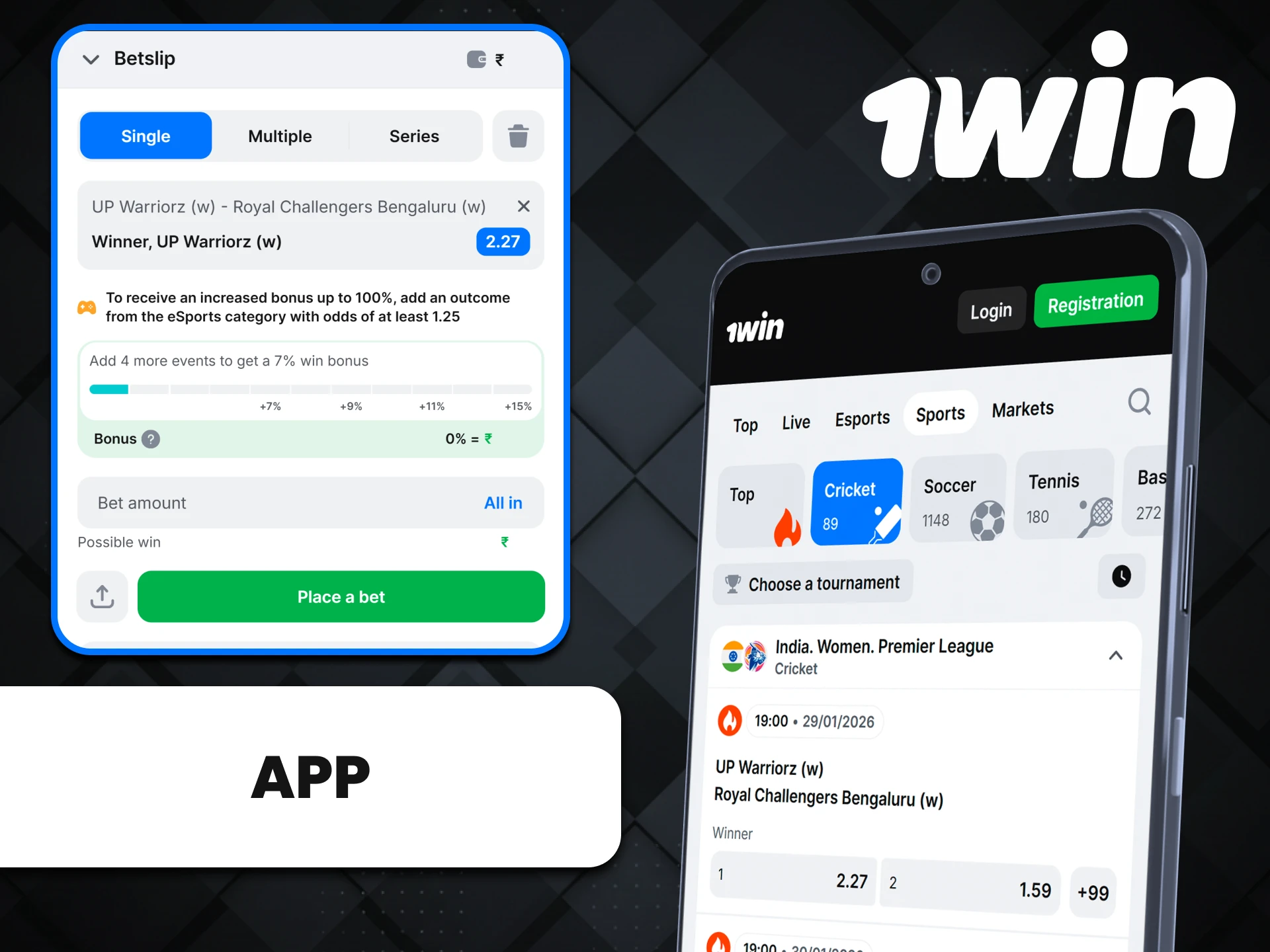 Use the 1win app on your smartphone to bet on cricket.