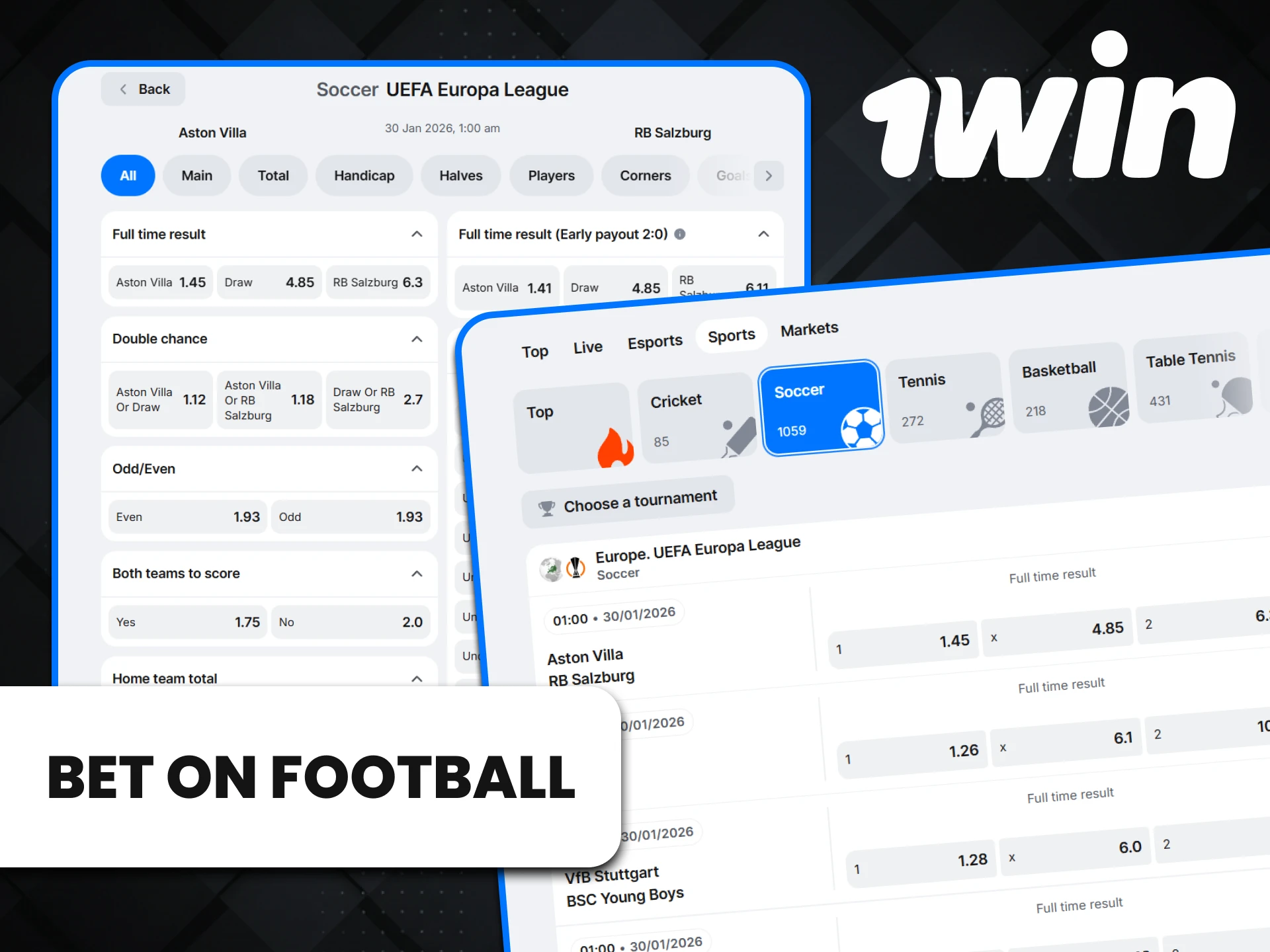 Choose football for betting on 1win.