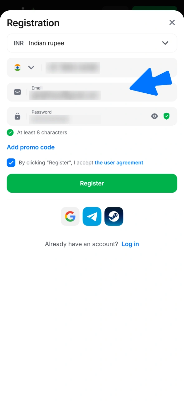 Enter your personal information into the 1win sign up registration form.
