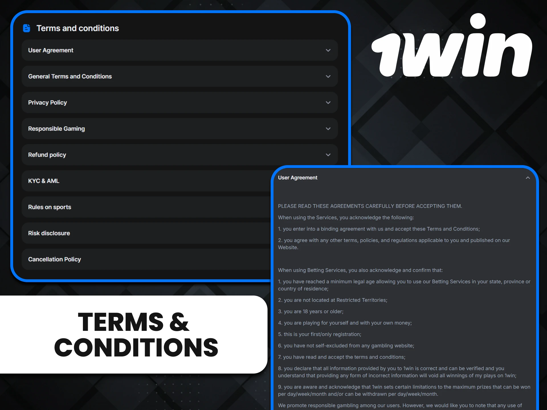 Review the terms and conditions of the 1win website.