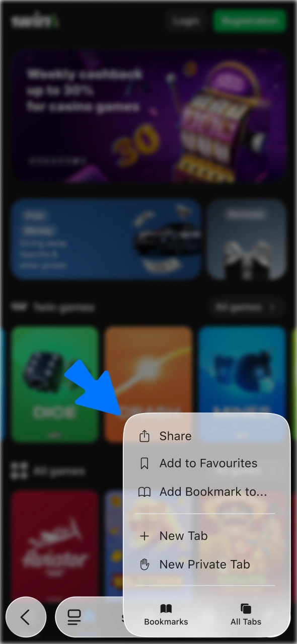 Tap the share icon to initiate the 1win iOS setup process.