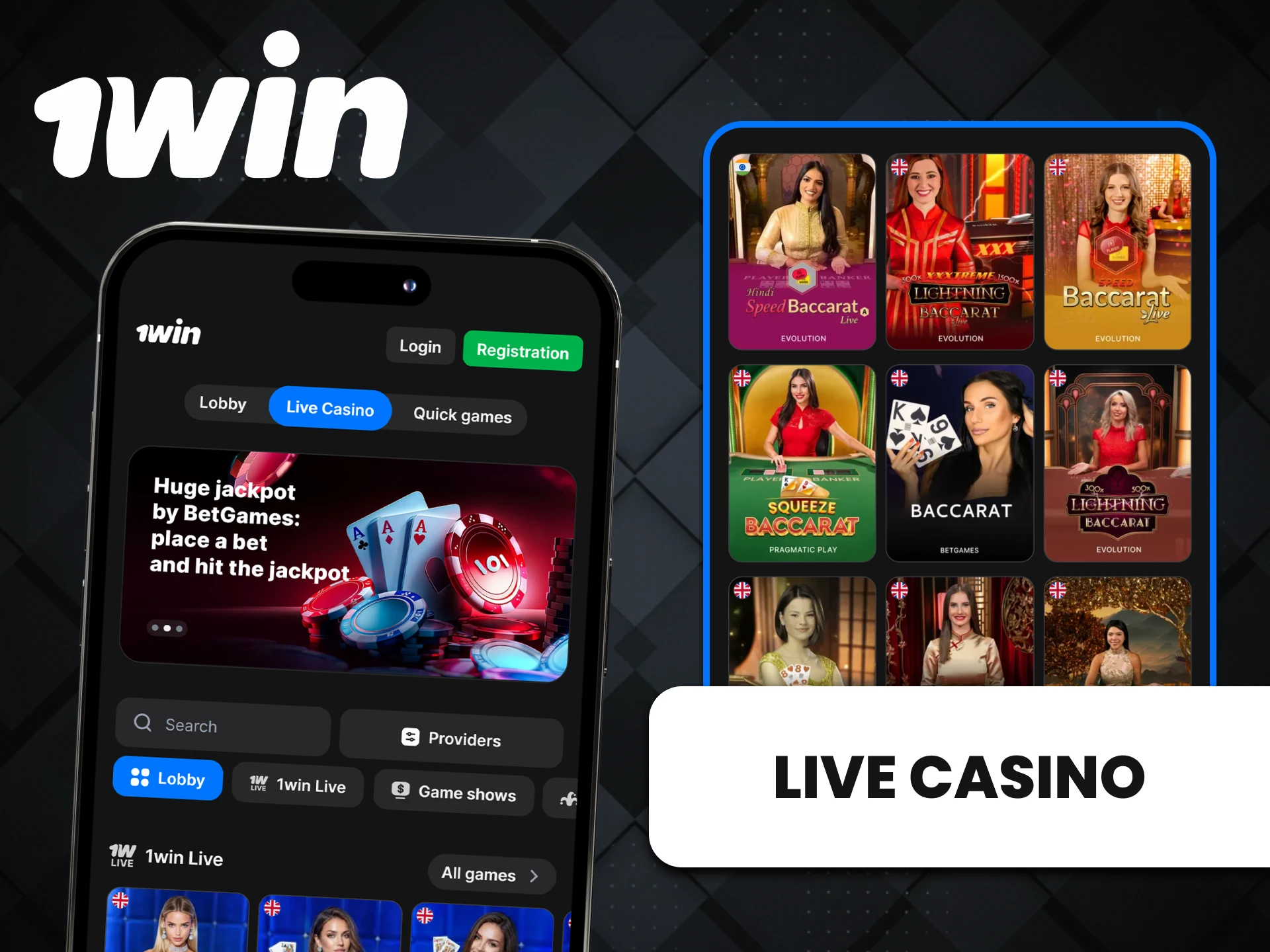 Play live casino in the 1win app for iOS.