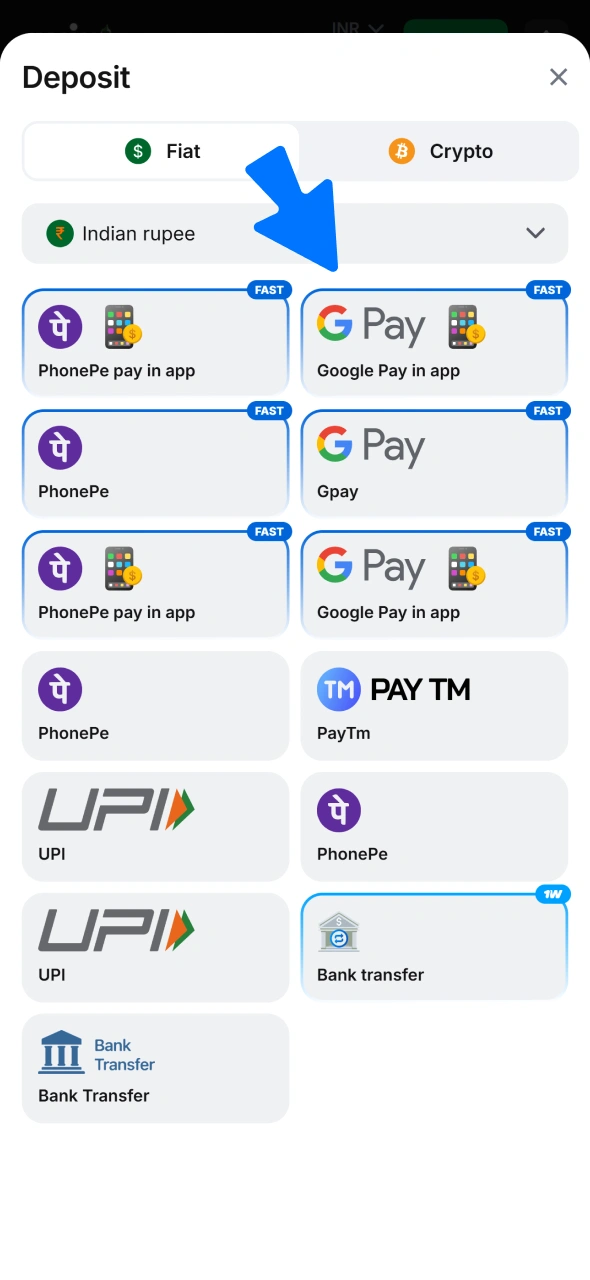 Pick a deposit option for the 1win promo code.