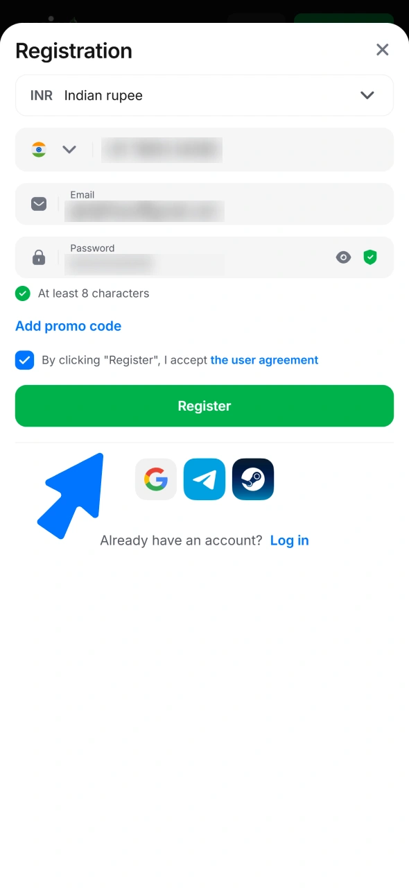 Tap the button to confirm your 1win app sign up and start playing.