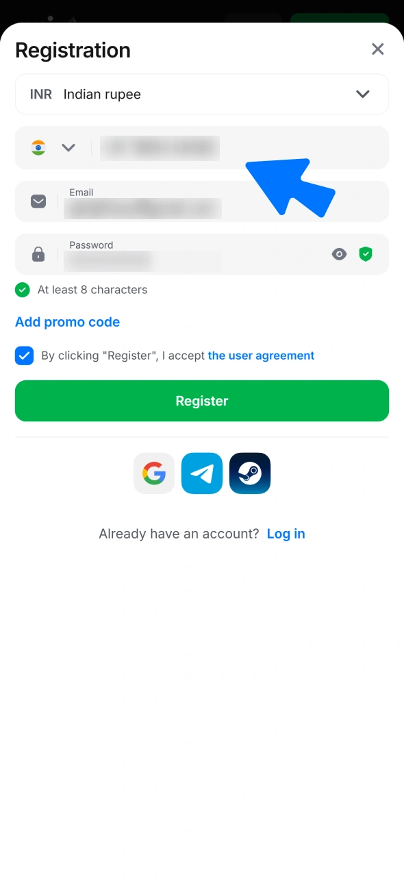 Input details into the 1win app sign up registration form.