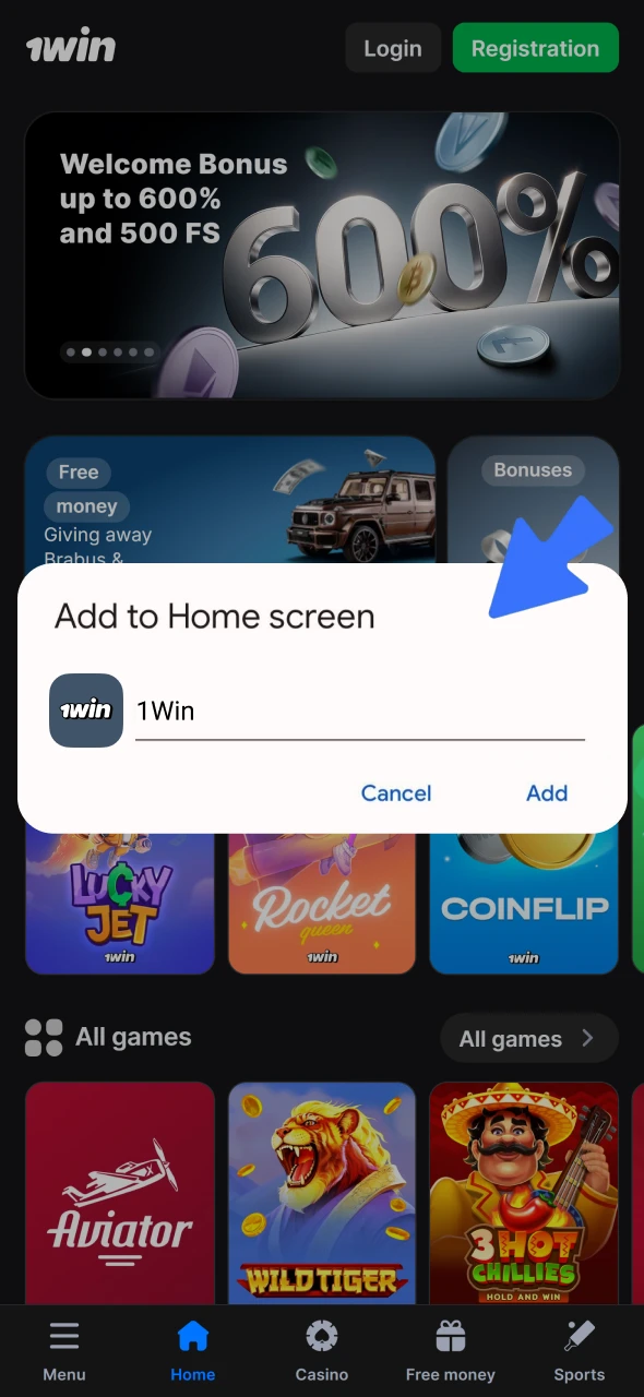 Confirm and add the 1win shortcut to the home screen.
