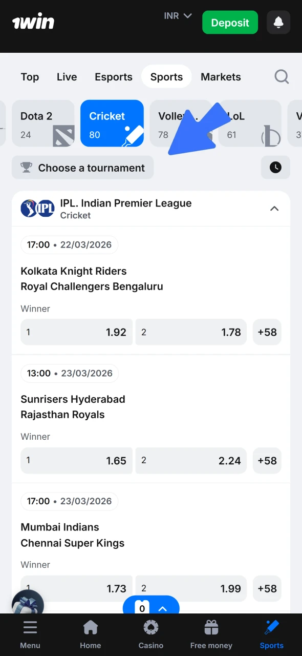 Select a cricket match to bet on at 1win.
