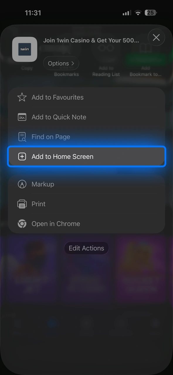 Tap the share icon and select add to home screen to create the 1win PWA.