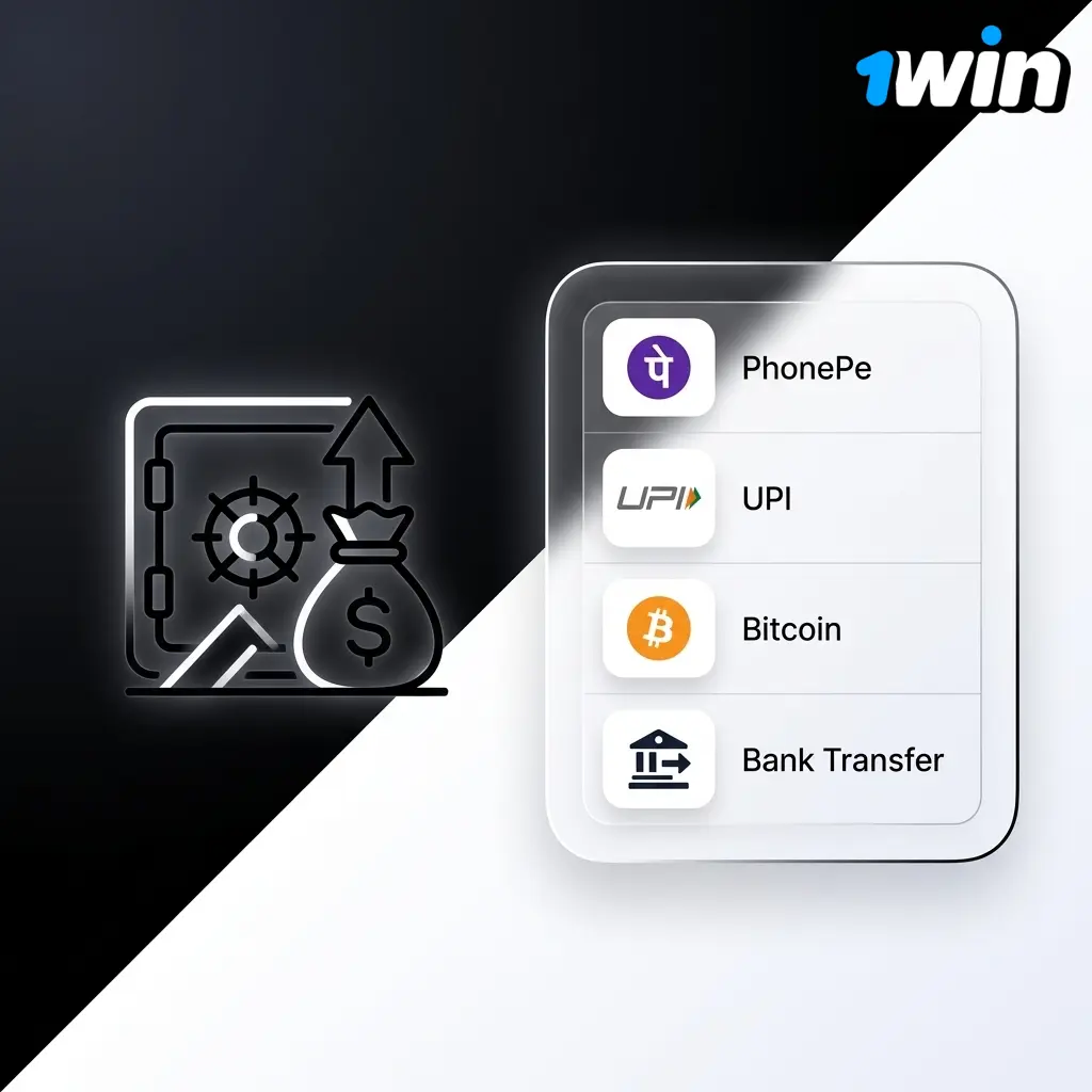 1win withdrawal methods for Indian players including UPI, PhonePe, Paytm, bank transfer, and cryptocurrencies like Bitcoin and USDT