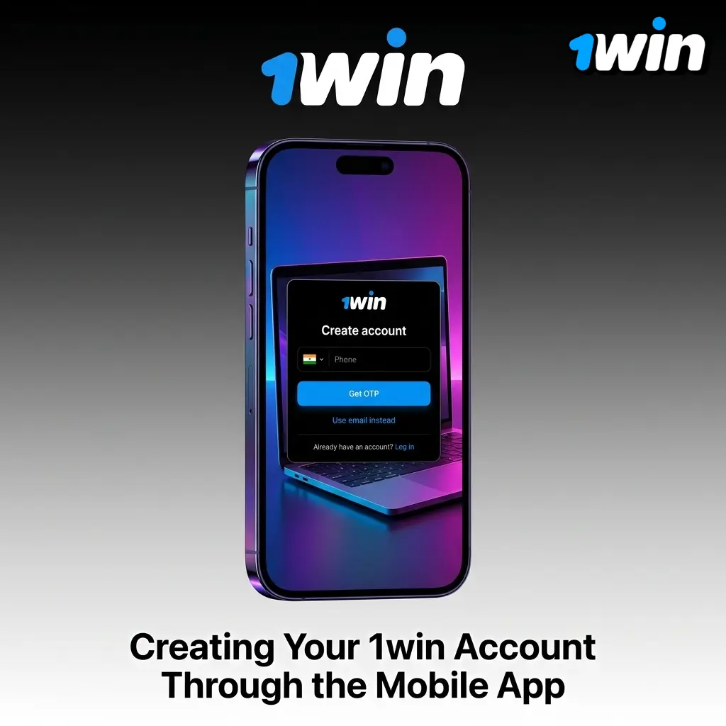 1win mobile app registration screen showing step-by-step account creation process with phone, email, and social login options