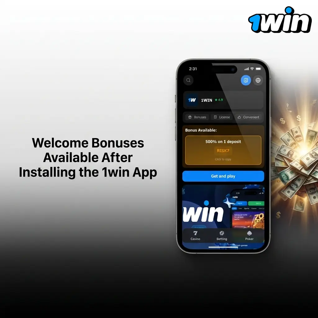 1win app welcome bonuses for Indian users showing deposit rewards from 130% to 170% plus sports and casino offers